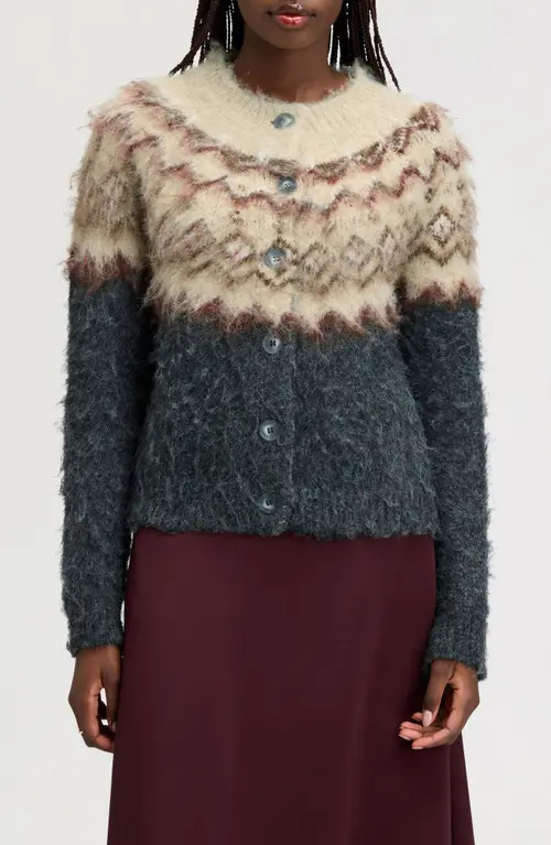 Sam Edelman Brushed Fair Isle Cardigan in English Grey at Nordstrom, Size X-Small | Nordstrom