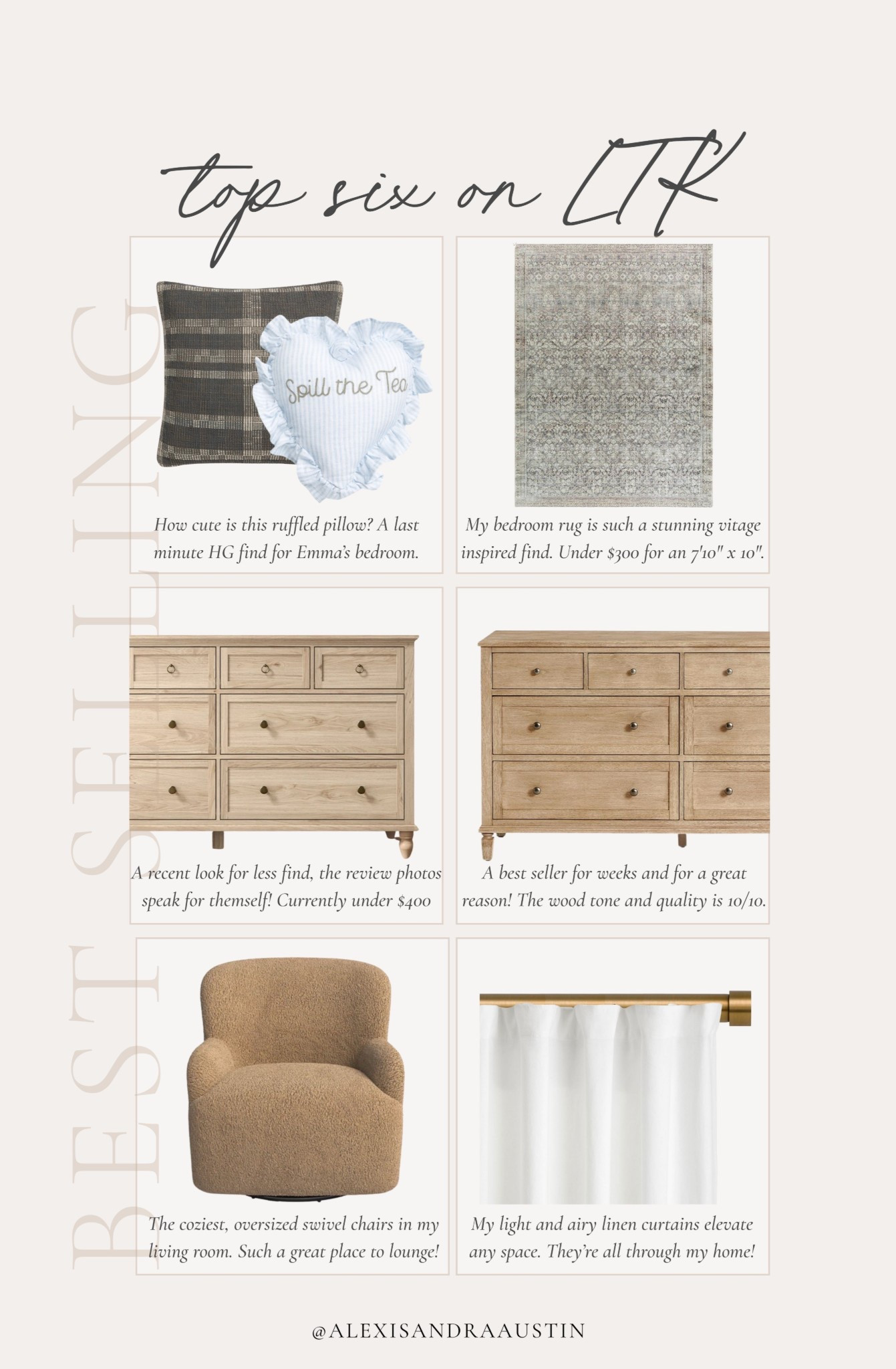 This week’s top six best selling items on LTK!

Home finds, neutral home inspo, best sellers, furniture favorites, neutral wood tones, swivel arm chair, accent chair, linen curtain, brass detail, neutral area rug, vintage inspired area rug, cozy throw pillow, Loloi, Wayfair, Four Hands, Pottery Barn style, Galey Alix, Livabliss, found it on Amazon, TJ Maxx, shop the look!

#LTKSeasonal #LTKHome