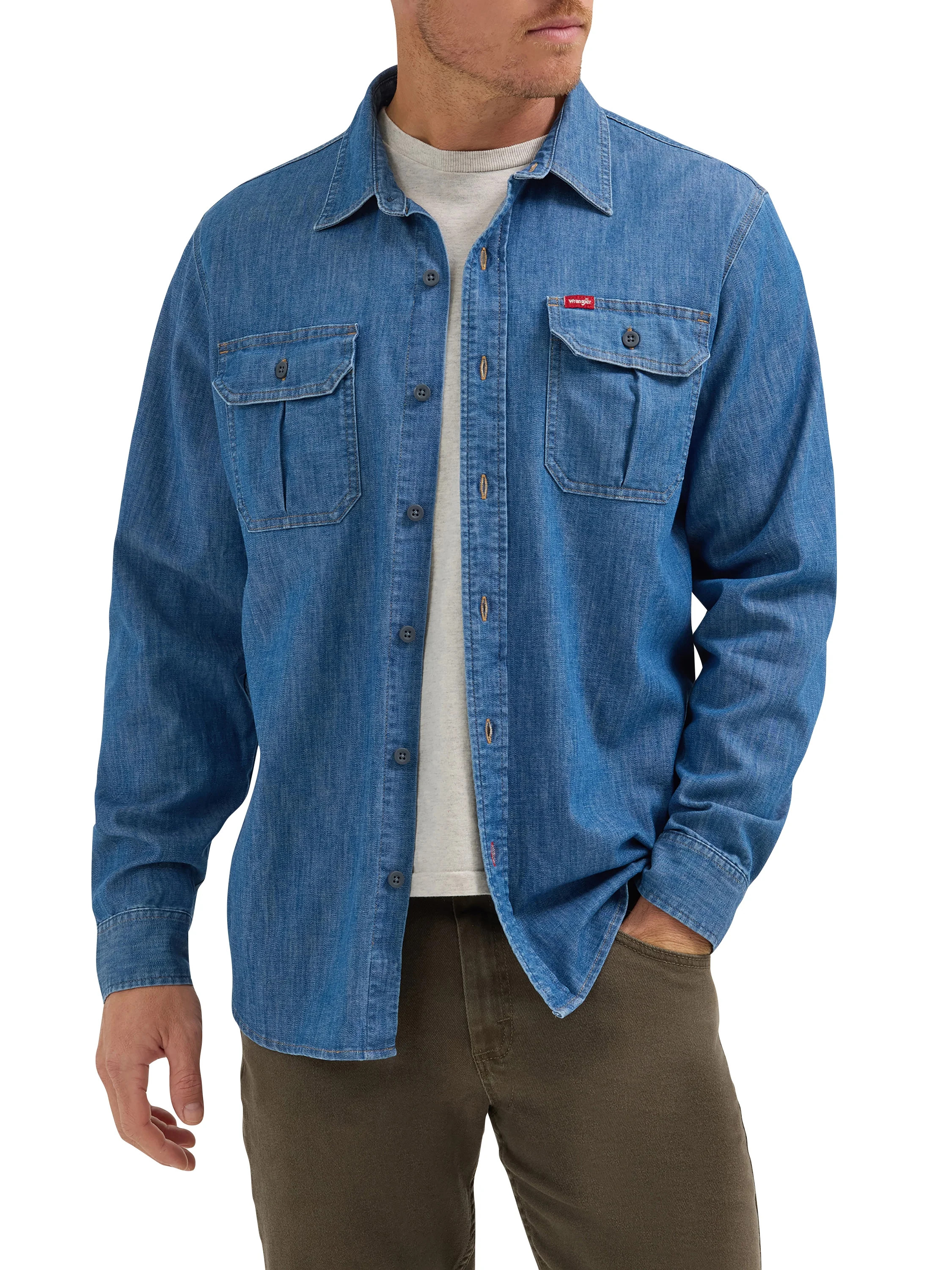 Wrangler® Men's and Big Men's Relaxed Fit Long Sleeve Woven Shirt, S-5XL | Walmart (US)