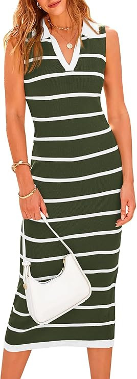 PRETTYGARDEN Women's Summer Dresses 2024 Collar V Neck Sleeveless Midi Dress Causal Stripes Ribbe... | Amazon (US)