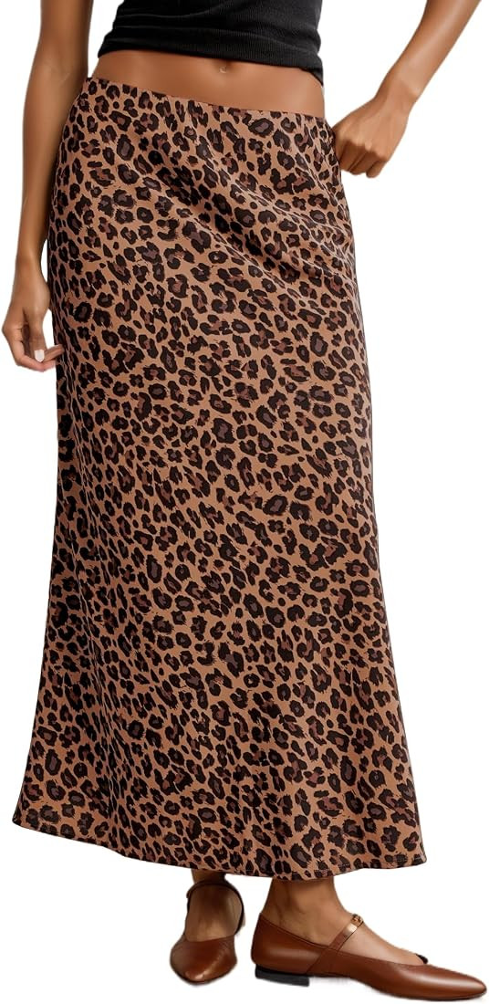 Amazon.com: AIHUKOCY Women Leopard Printed Silk Satin Midi Skirts High Waist Elastic Waistband Se... | Amazon (US)