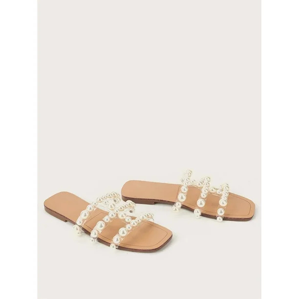 Women's PU Leather Pearl Open Toe Flat Slide Sandals Casual Summer Fashion Walking Slippers Shoes... | Walmart (US)