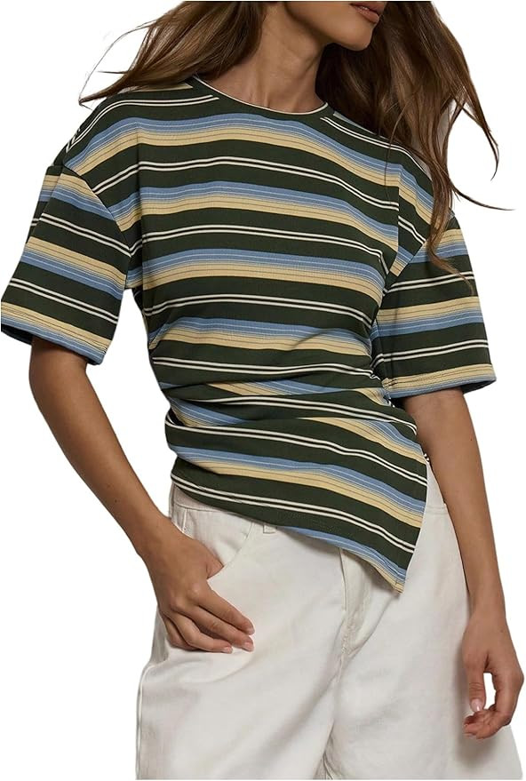 GORGLITTER Women's Striped Cinched Waist Top Ruched Asymmetrical Neck Short Sleeve Crew Neck T Sh... | Amazon (US)