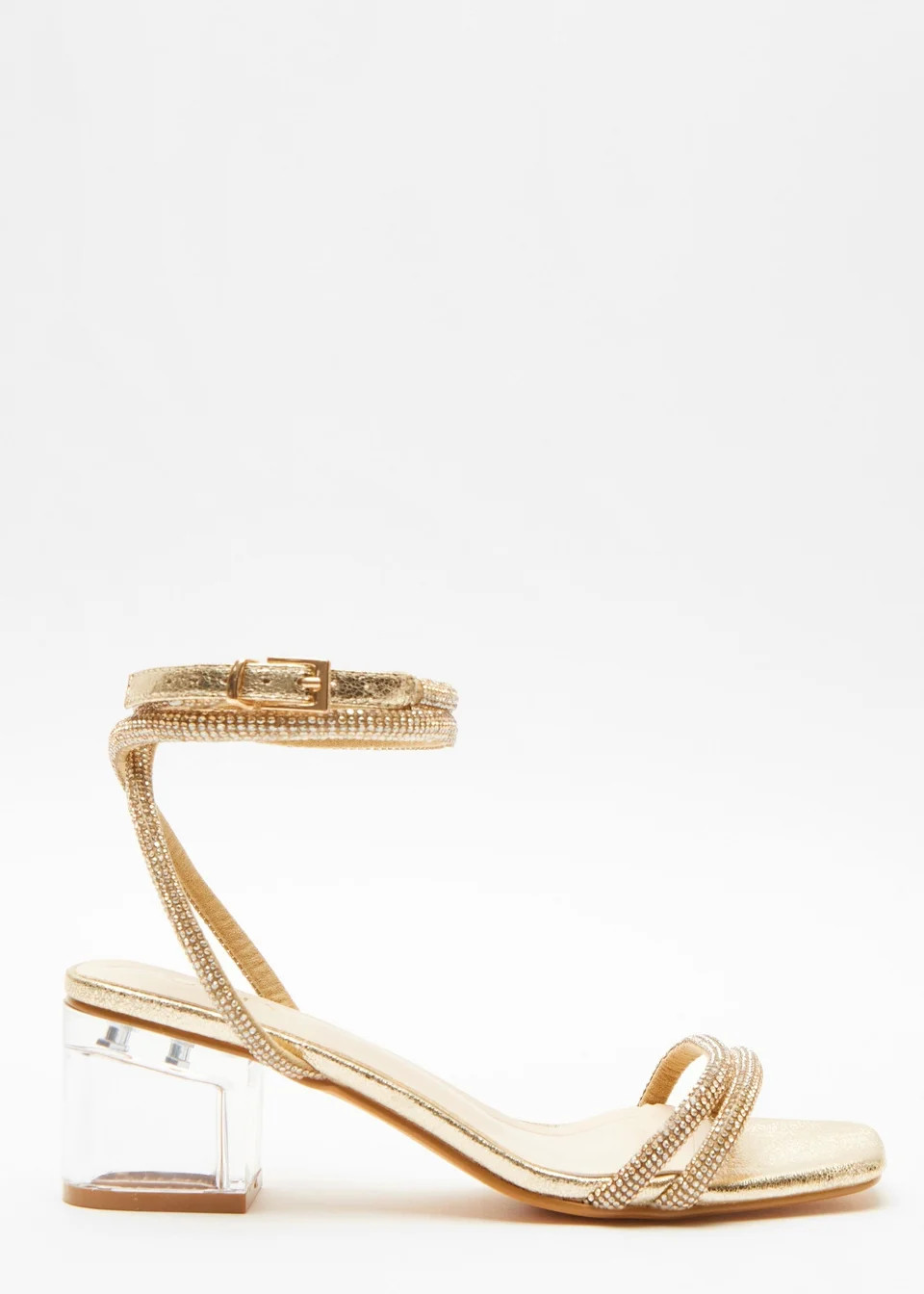 Quiz Gold Diamante Clear Low Heeled Sandals - Size 7 | Matalan (UK)