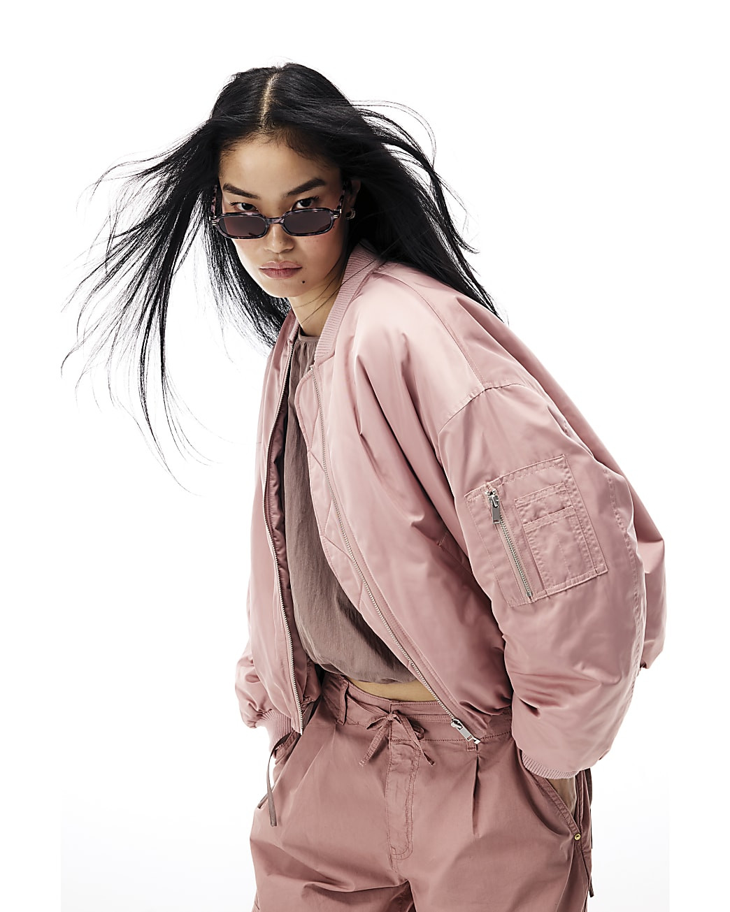 Pink Oversized Ruched Hem Bomber Jacket | River Island UK & IE