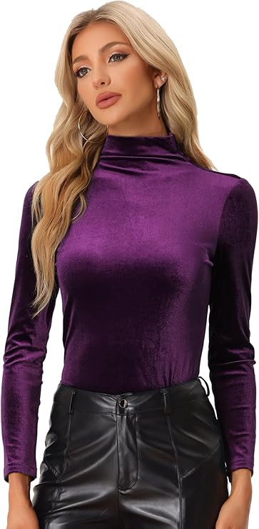 Allegra K Women's Turtleneck Velvet Top Long Sleeve Work Shirts Basic Velour Blouse | Amazon (US)