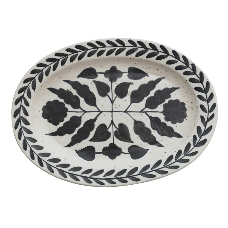 Creative Co-Op Hand Painted Stoneware Platter with Floral Design, Black and White - Walmart.com | Walmart (US)