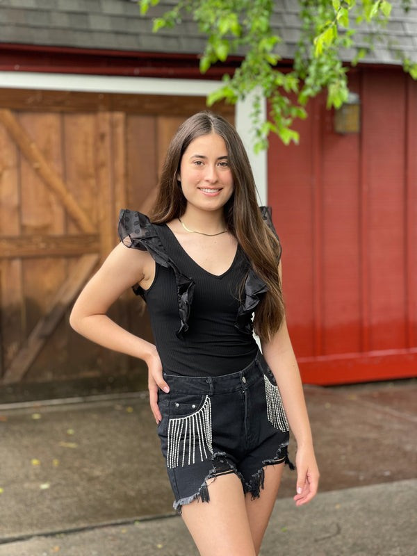 Country Concert Black Fringe Rhinestone Shorts | Pink Creek