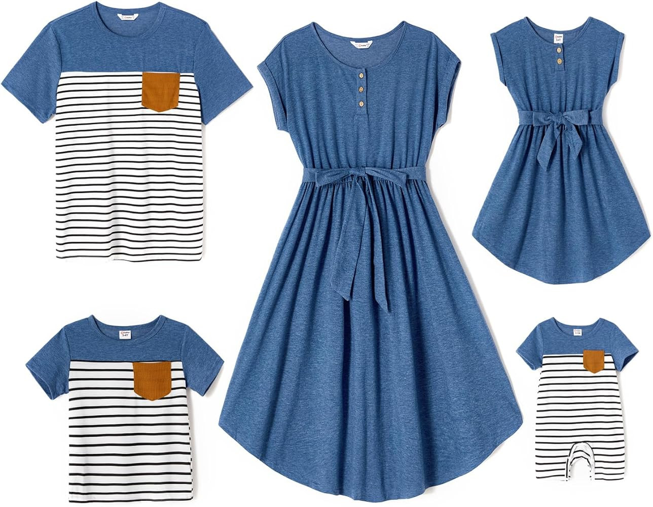 PATPAT Family Matching Outfits Short Sleeve Mommy and Me Outfits Belted Dresses and Casual T-Shir... | Amazon (US)