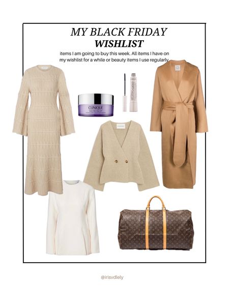 My Black week wishlist (most of them are already ordered 🙈) 

Dress, white top and cardigan via Wakakuu. Bag via The Vintage Bar. 

Toteme camel coat, beige cardigan, louise vuitton keepall travel bag, knitted dress, beige midi dress, make up remover balm, l’oreal telescopic mascara 

#LTKCyberWeek #LTKSeasonal #LTKCyberSaleNL