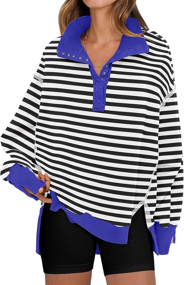 ANRABESS Women's Sweatshirts Oversized Casual Loose Button Up Henley Pullover Top High Low Split ... | Amazon (US)