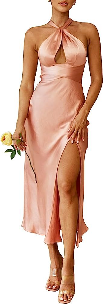 Cantonwalker Women's V Neck Spaghetti Strap Satin High Slit Wedding Guest Formal Maxi Dress Cockt... | Amazon (US)