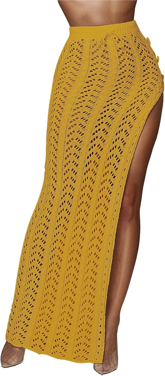 Womens Crochet Beach Cover Up Skirts Sexy High Waist Hollow Out Long Maxi Skirt Slit | Amazon (US)