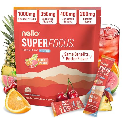 Nello Superfocus – Nootropic Focus Drink Mix for Productivity, Caffeine, L-Theanine, Rhodiola Rosea, Alpha-GPC, Lion’s Mane, Tyrosine, Sugar-Free Packets - Fruit Punch with Caffeine (Pack of 20) | Amazon (US)