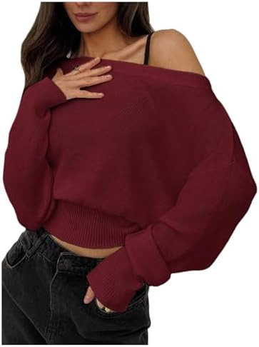 Women's Off The Shoulder Sweater Long Sleeve Knit Pullover Cinched Waist Tops Trendy Fall Outfits | Amazon (US)