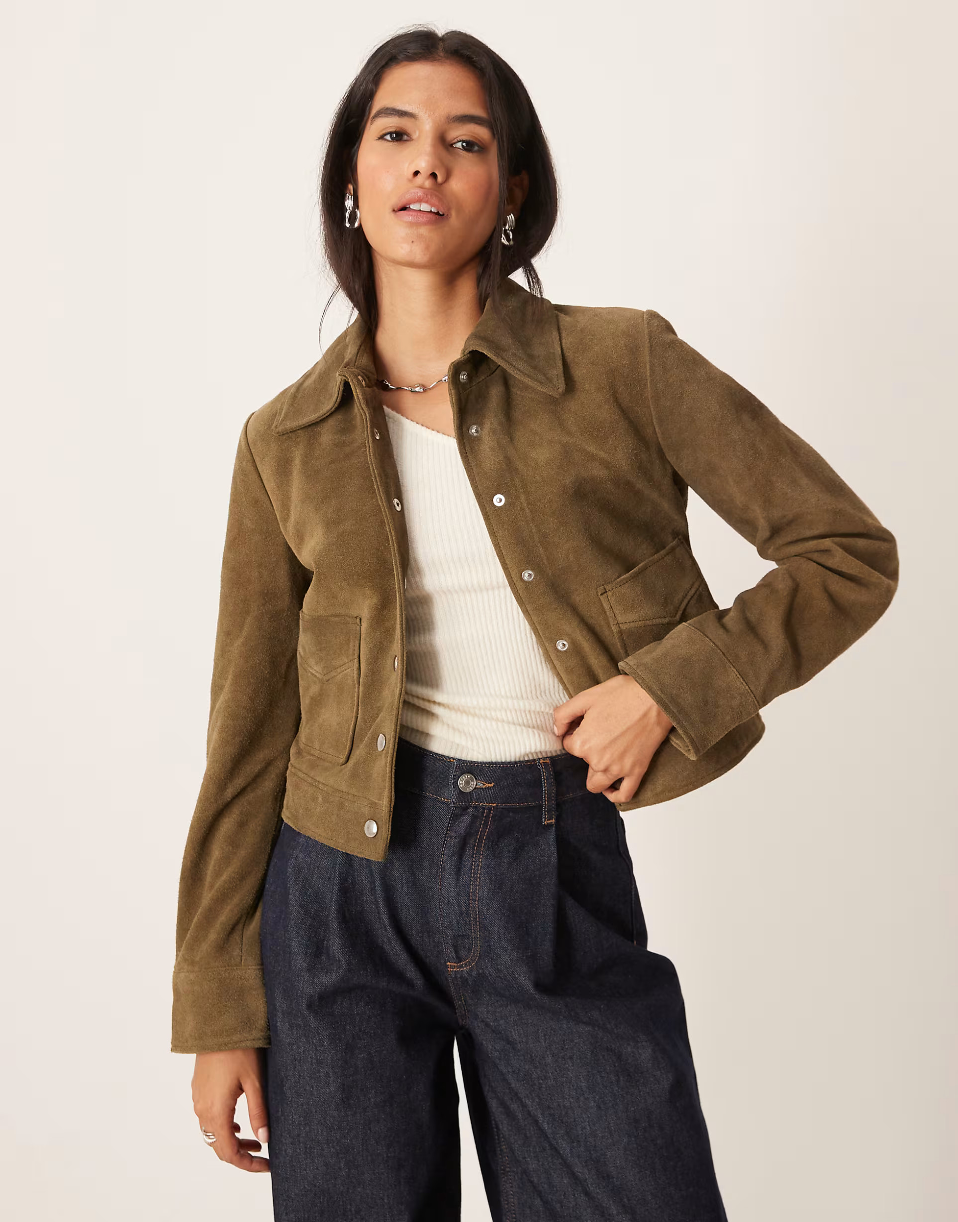 Mango 100% leather suede short jacket in khaki | ASOS (Global)
