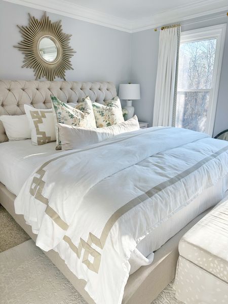 Master bedroom, primary bedroom, guest bedroom, grand millennial, traditional, glam, lumbar pillow, Althea, Lee Jofa, Etsy, Greek key bedding, embroidered bedding, duvet, throw pillows, Etsy, Ballard, tufted bed, custom curtains, nightstand, table lamp 

#LTKFind #LTKhome