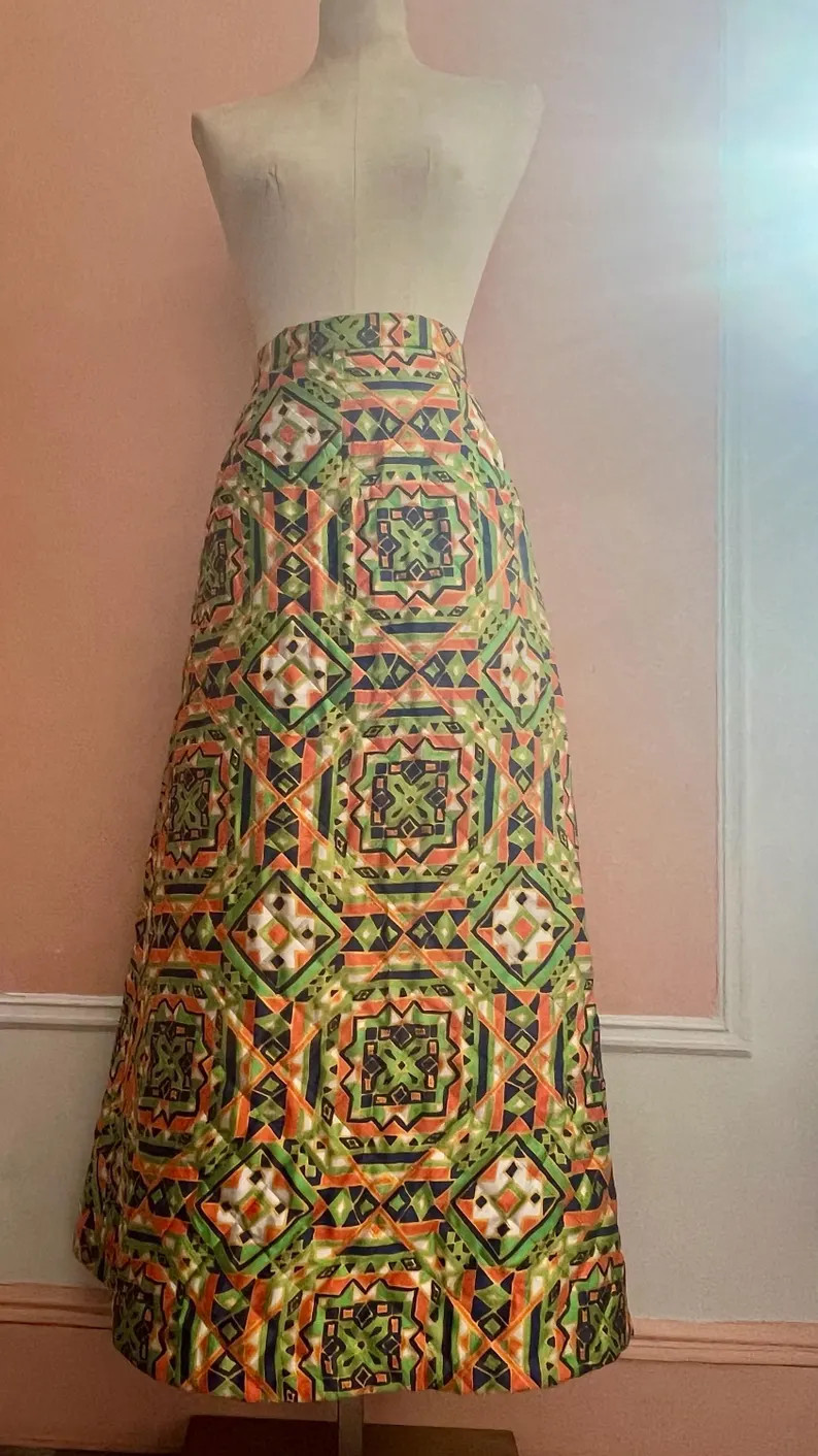 Vintage Quilted Geometric Skirt by Byer 70s Boho Folk Print High-Waist A-Line Maxi Skirt | Etsy (Global)