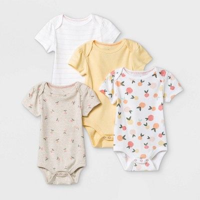 Baby Girls' 4pk Fruit Print Short Sleeve Bodysuit - Cloud Island™ Yellow/Brown/White | Target