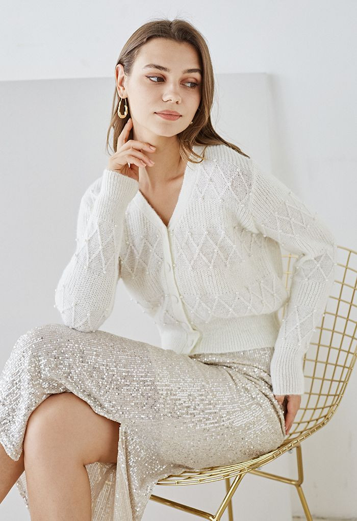 Diamond Texture Pearl Decor Knit Cardigan in White | Chicwish