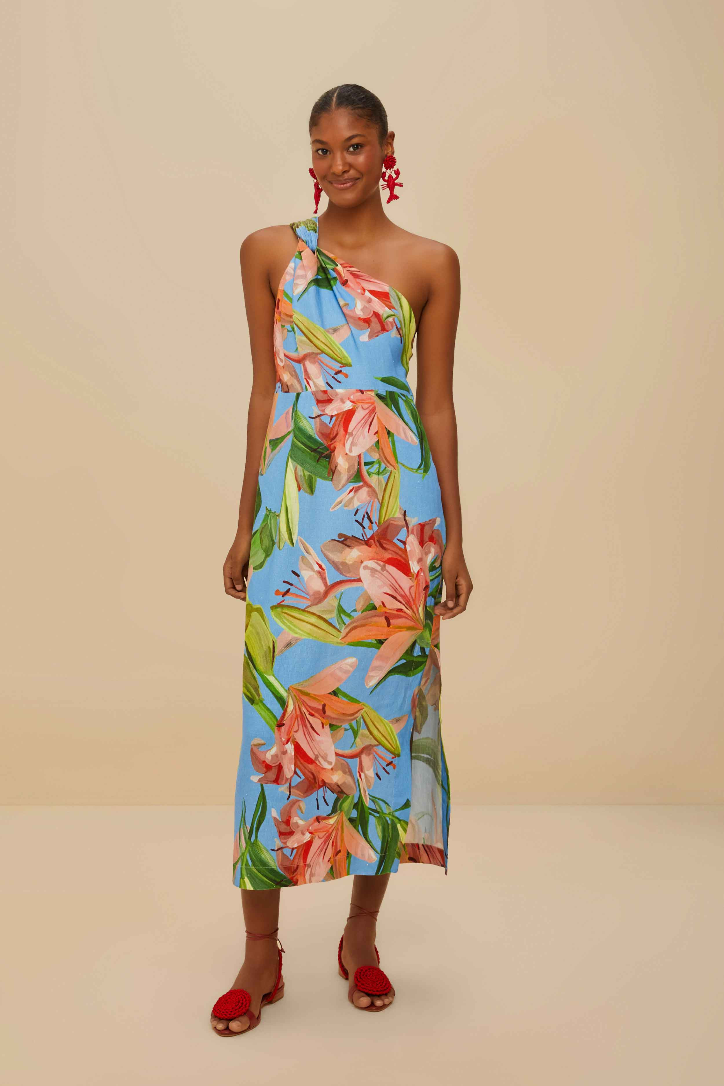 Blue Lily Bloom Euroflax Premium Linen Midi Dress, LILY BLOOM BLUE / XL | FarmRio (US)