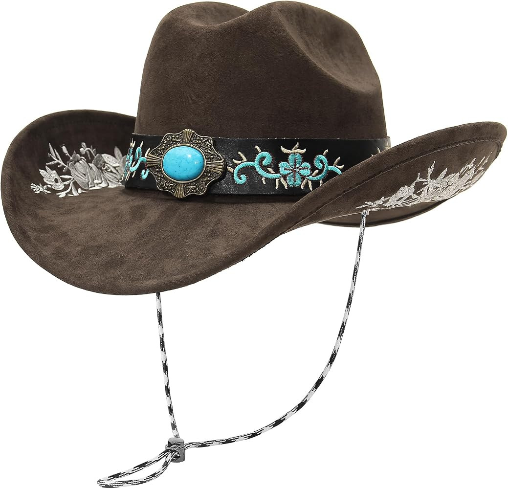 GEMVIE Turquoise Western Cowboy Hat for Men Women Big Brim Suede Cowgirl Hat Brown Embroidery wit... | Amazon (US)
