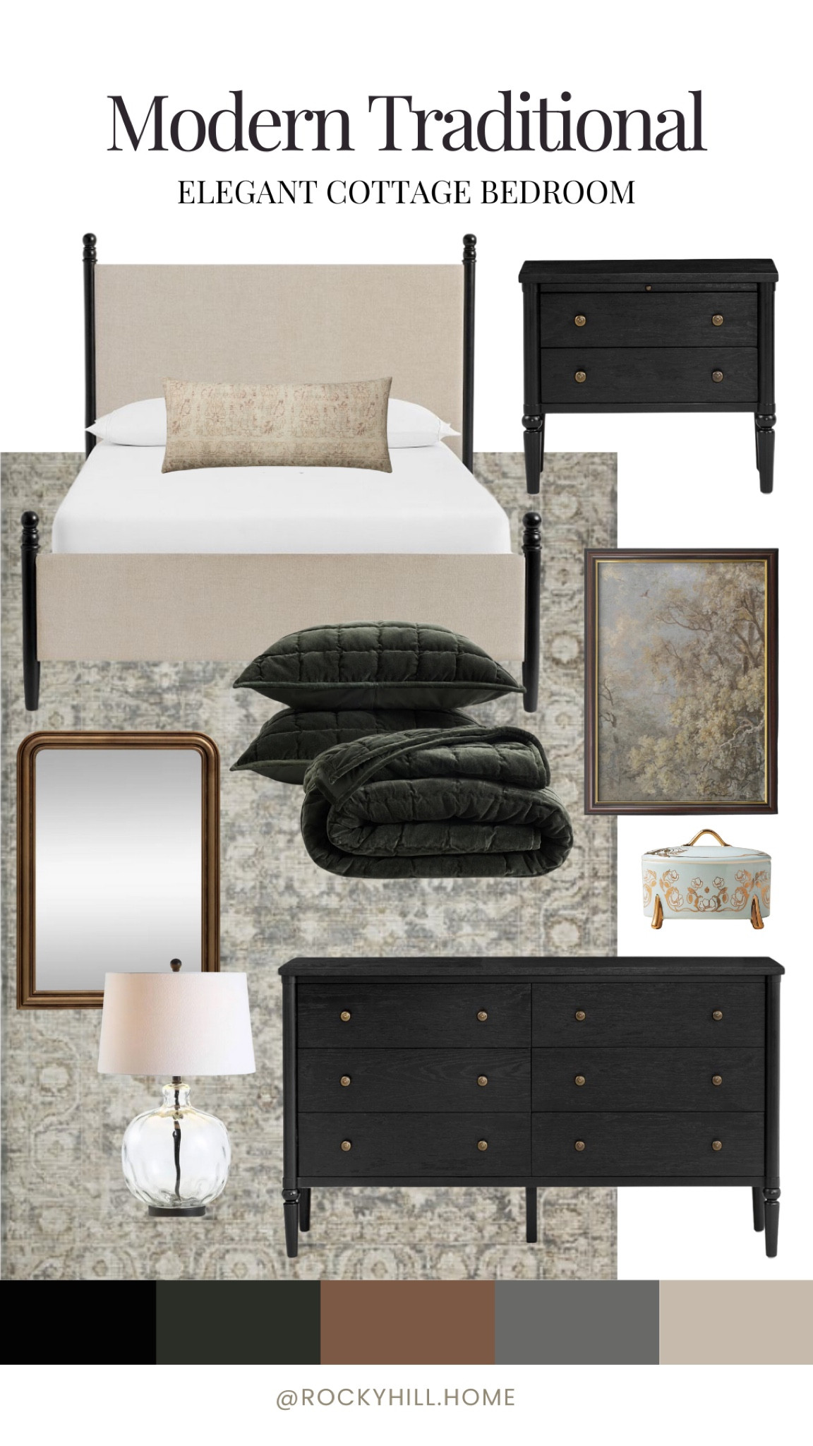 Modern Traditional Bedroom Mood Board w/ an elegant cottage vibe. Featuring the new Pottery Barn bedroom collection from Chris Loves Julia. Four poster upholstered bed, traditional black dresser and nightstand, gold mirror, Amber Lewis x Loloi rug and lumbar pillow, Quince green velvet quilt and shamp, glass lamp, affordable artwork, and Anthro trinket box. 
Great for a primary bedroom or guest room! 

#LTKStyleTip #LTKHome