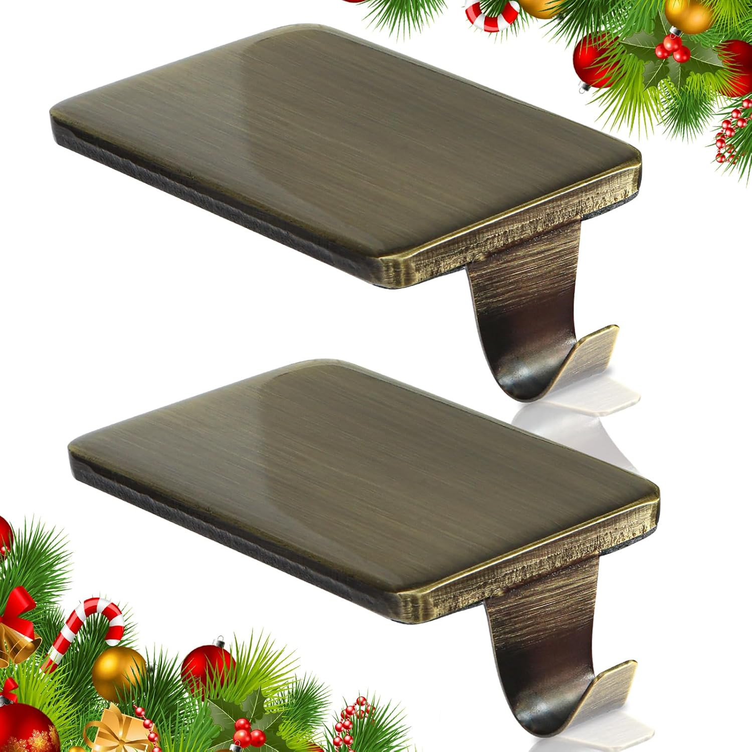 Christmas Stocking Holders for Mantle Set of 2, Heavy Duty Cast Iron Stocking Hangers Base, Low Profile Weighted Stocking Holder Hooks for Fireplace Tabletop Shelf Christmas Decoration, Bronze | Amazon (US)