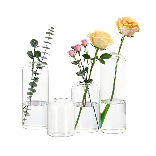 Glasseam Glass Bud Vase for Centerpieces, 4pcs Small Flower Vase Set for Single Rose Bouquet, Modern Minimalis Clear Table Centerpieces for Home Decor Living Room Bathroom Kitchen Wedding Party | Amazon (US)