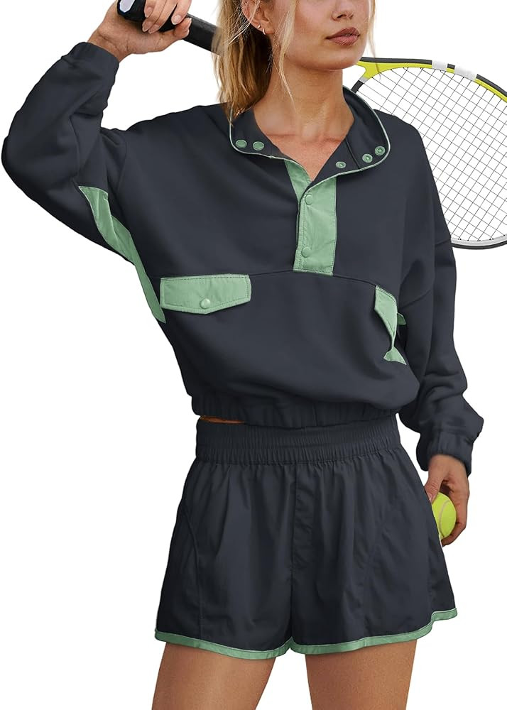 ReachMe Womens 2 piece workout Sets Active Wear Two Piece Short Set Athletic Gym Outfits Sweatshi... | Amazon (US)