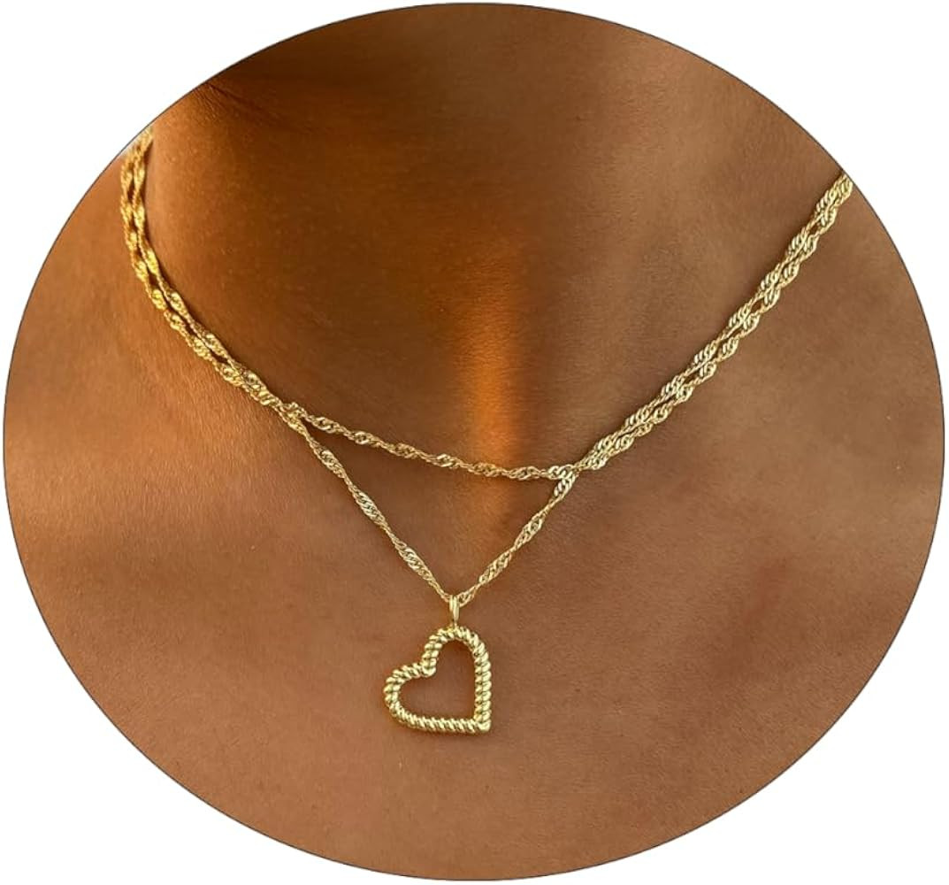Amazon.com: SUFOPE Gold Heart Necklaces for Women Hollow Heart Pendent Rope Chain 14K Gold Plated... | Amazon (US)