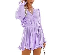 Dokotoo Womens 2023 Summer Buttons V Neck Tie Waist Flared Pleated Drape Long Sleeve Rompers Jump... | Amazon (US)