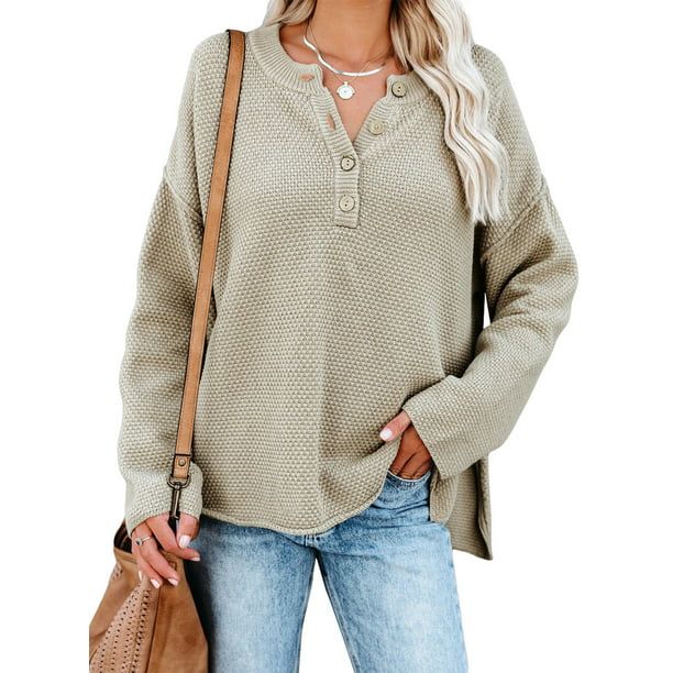 Aleumdr Women Button Neck Sweater Long Sleeve Chunky Oversized Fall Tunic Sweaters 16 18 - Walmar... | Walmart (US)