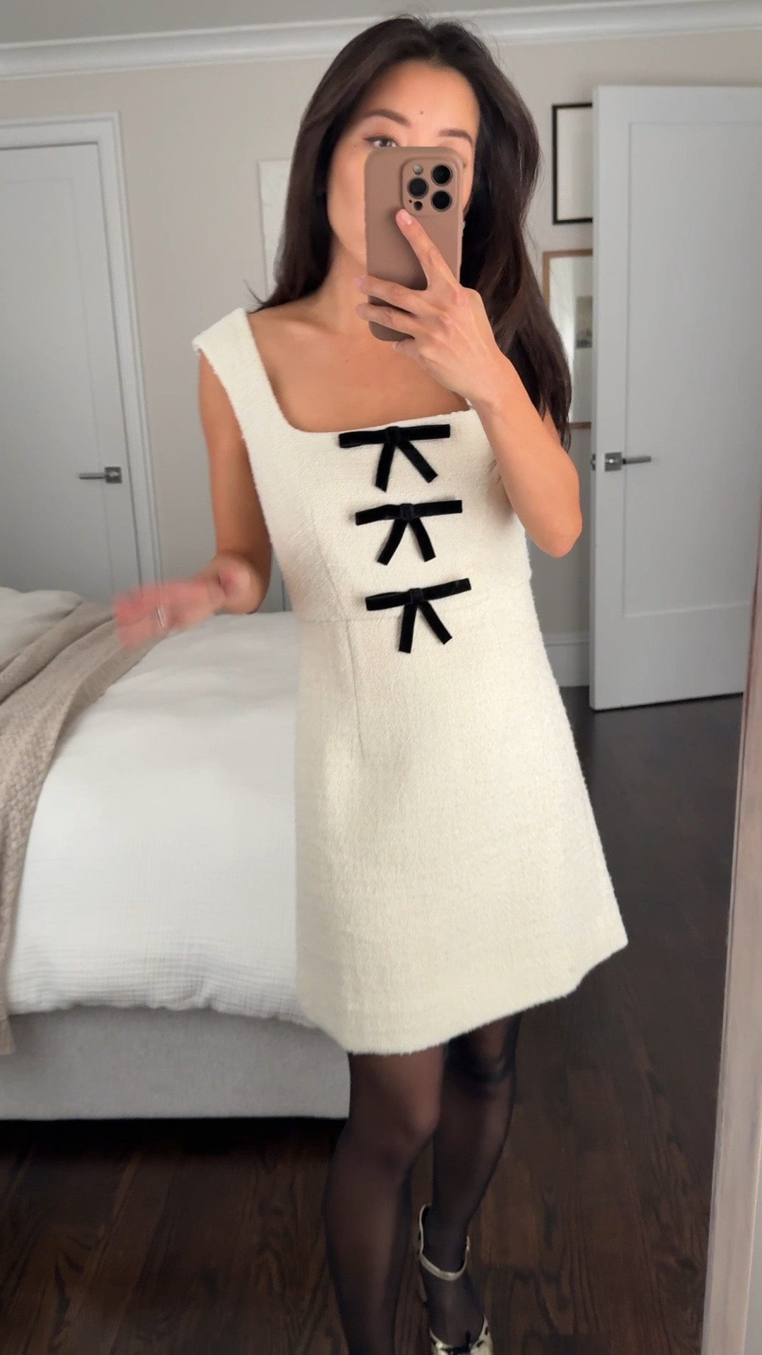 Holiday style - trying on this year's version of J.Crew's tweed bow dress, also comes in black

Size 00 regular is a little loose on me around the top / bust shoulder area, fits like prior year versions.

Nice quality tweed and fully lined with zipper.

Bow heels size 5, if in between sizes I'd go down on this one

christmas outfit, office party style, holiday workwear, elegant winter white   

 

#LTKHoliday #LTKParties #LTKWorkwear