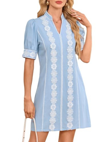 Women's Embroidered Lace Floral Tunic Dress Short Puff Sleeve V Neck Mini Dress | Amazon (US)