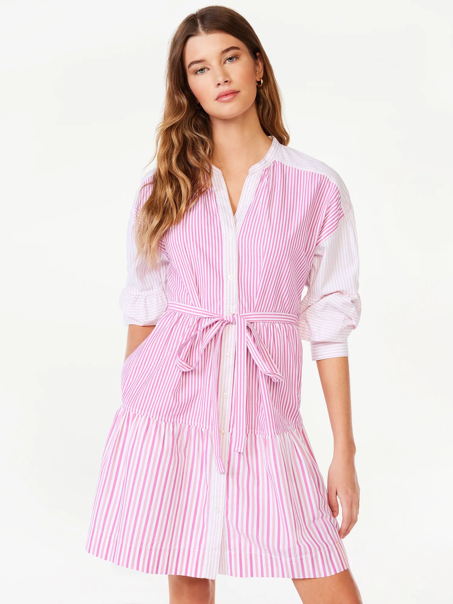 Free Assembly Women's Tiered Mini Shirt Dress with Long Sleeves, Sizes XS-XXL | Walmart (US)