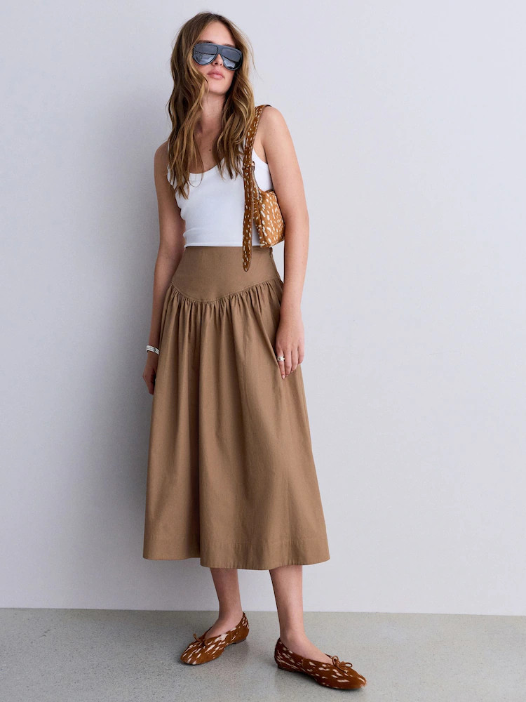 Tan Brown Cotton Poplin Drop Waist Midi Skirt | Next US