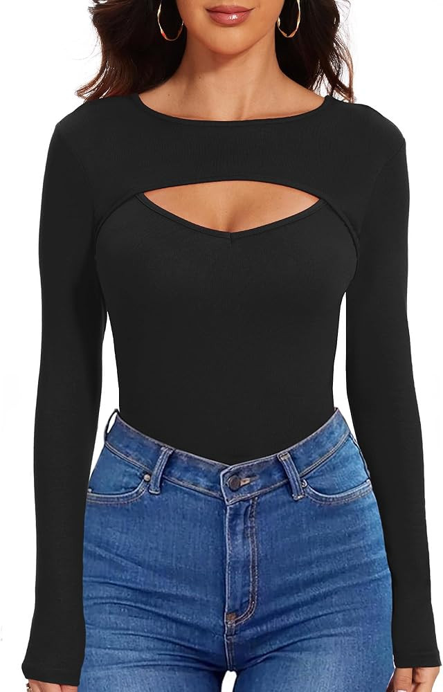 Womens Long Sleeve Tops Cut Out Front Ribbed Fitted Sexy Cute Casual Tops Tee Dressy T-Shirts Tsh... | Amazon (US)