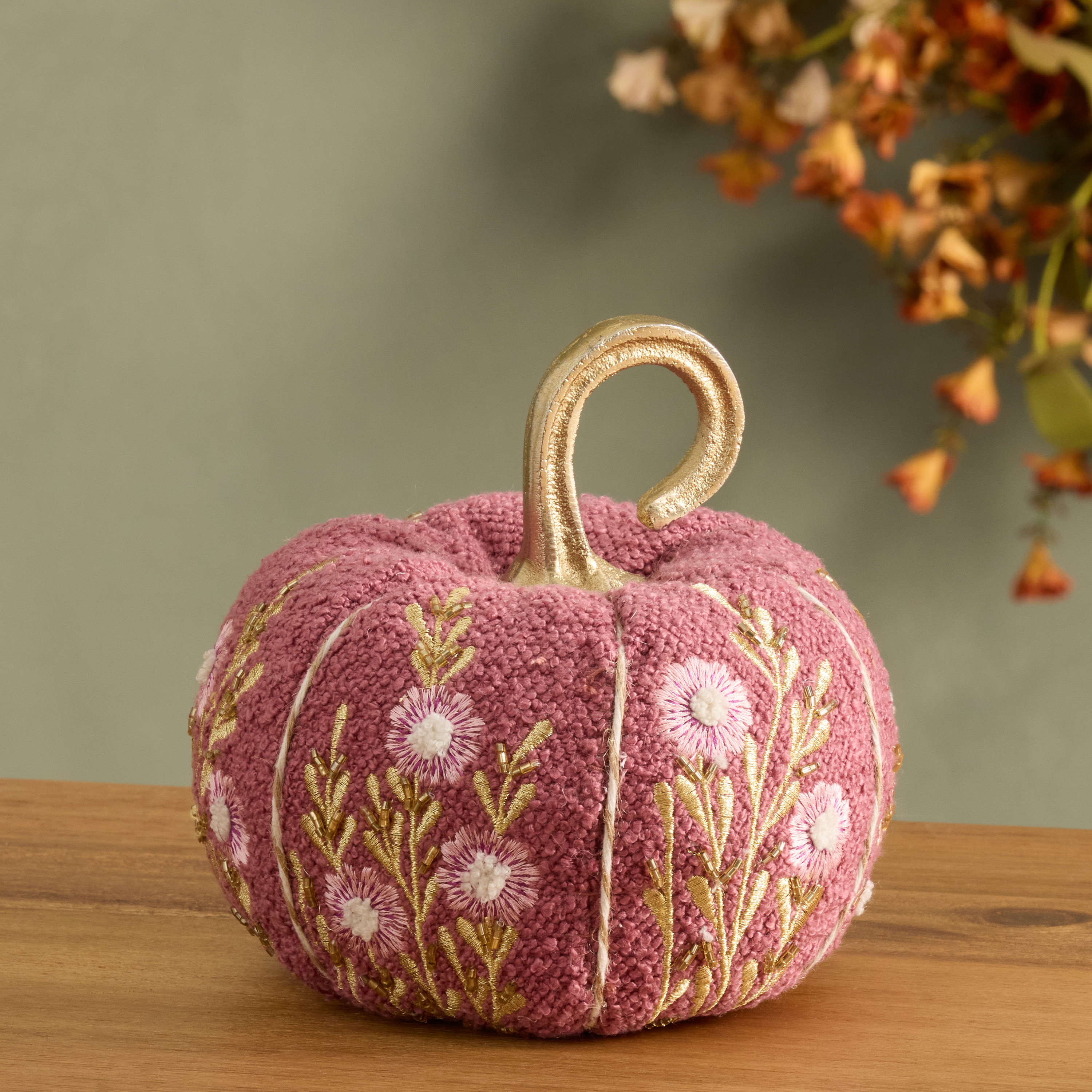 Small Boucle Floral Embroidered Pumpkin Decor