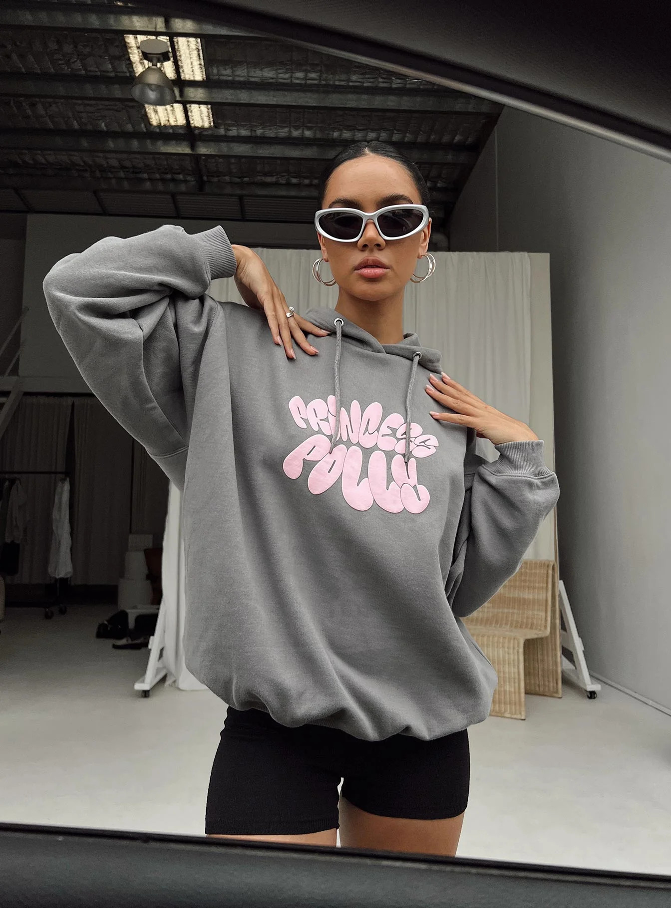 Princess Polly Hooded Sweatshirt Bubble Text Charcoal / Light Pink | Princess Polly US