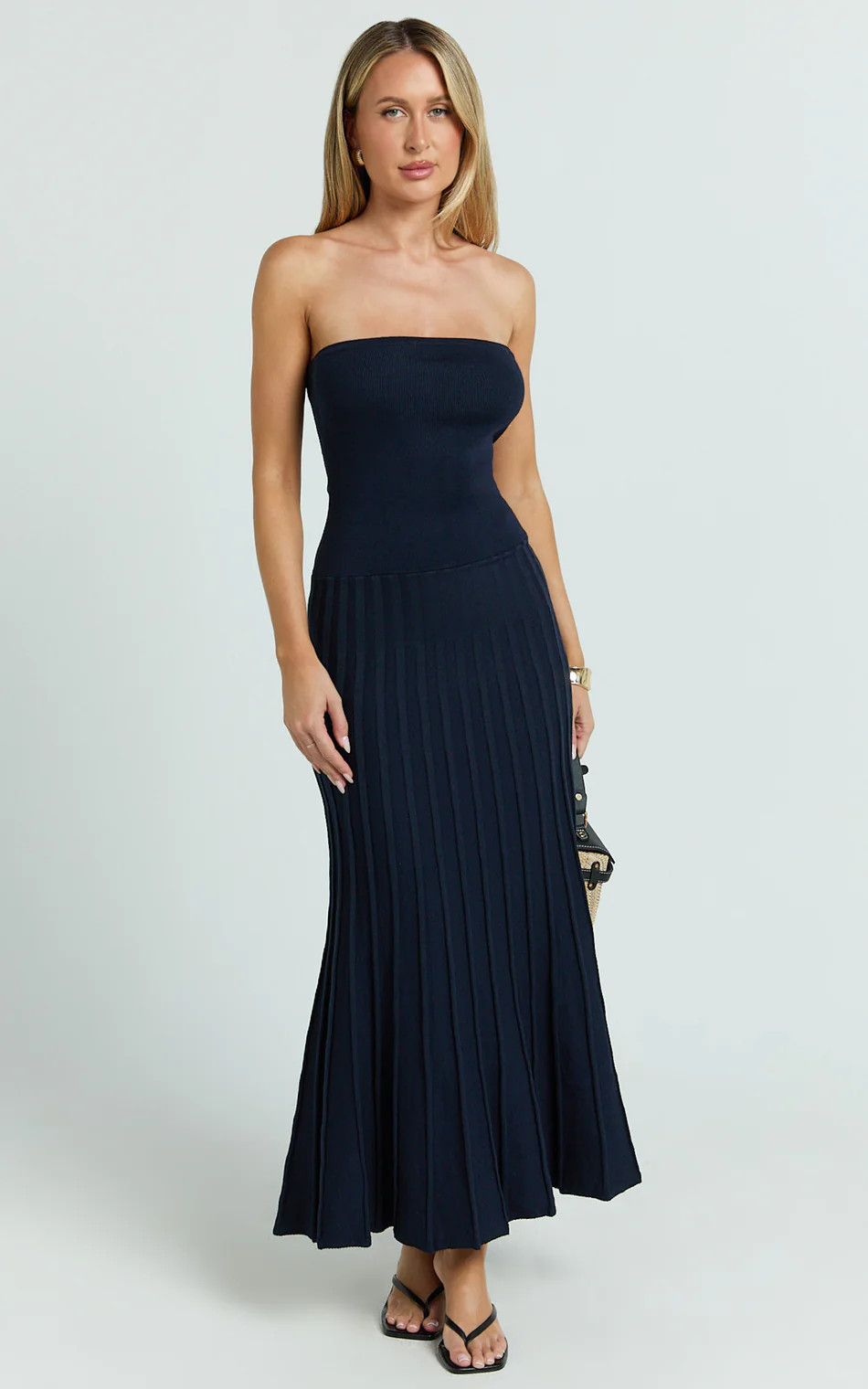 Strapless Drop Waist Pleated Knit Dress in Navy | Showpo (US, UK & Europe)