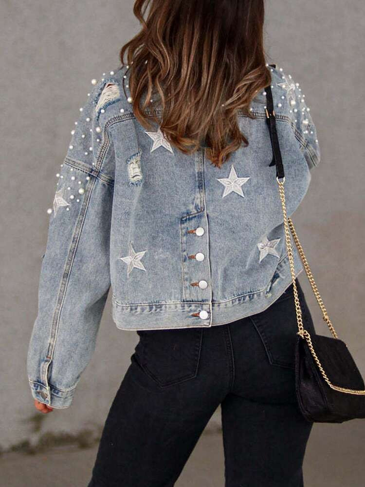 Womens Cropped Pearls Beading Jean Jacket Ripped Star Embroidered Denim Jacket Coat | SHEIN