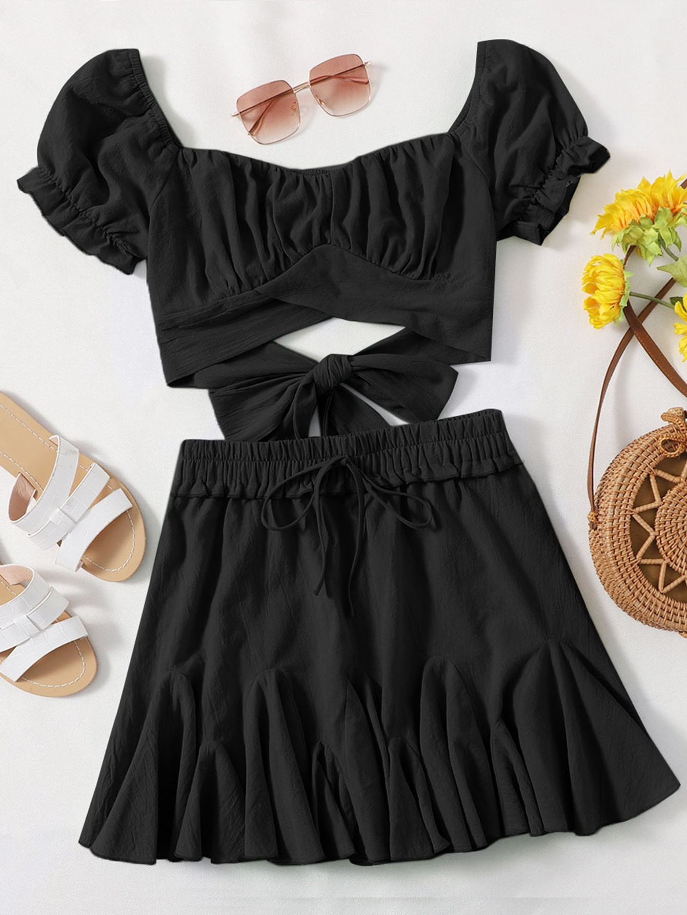 SHEIN Ruched Bust Cross Wrap Tie Back Crop Top & Godet Hem Skirt Set | SHEIN