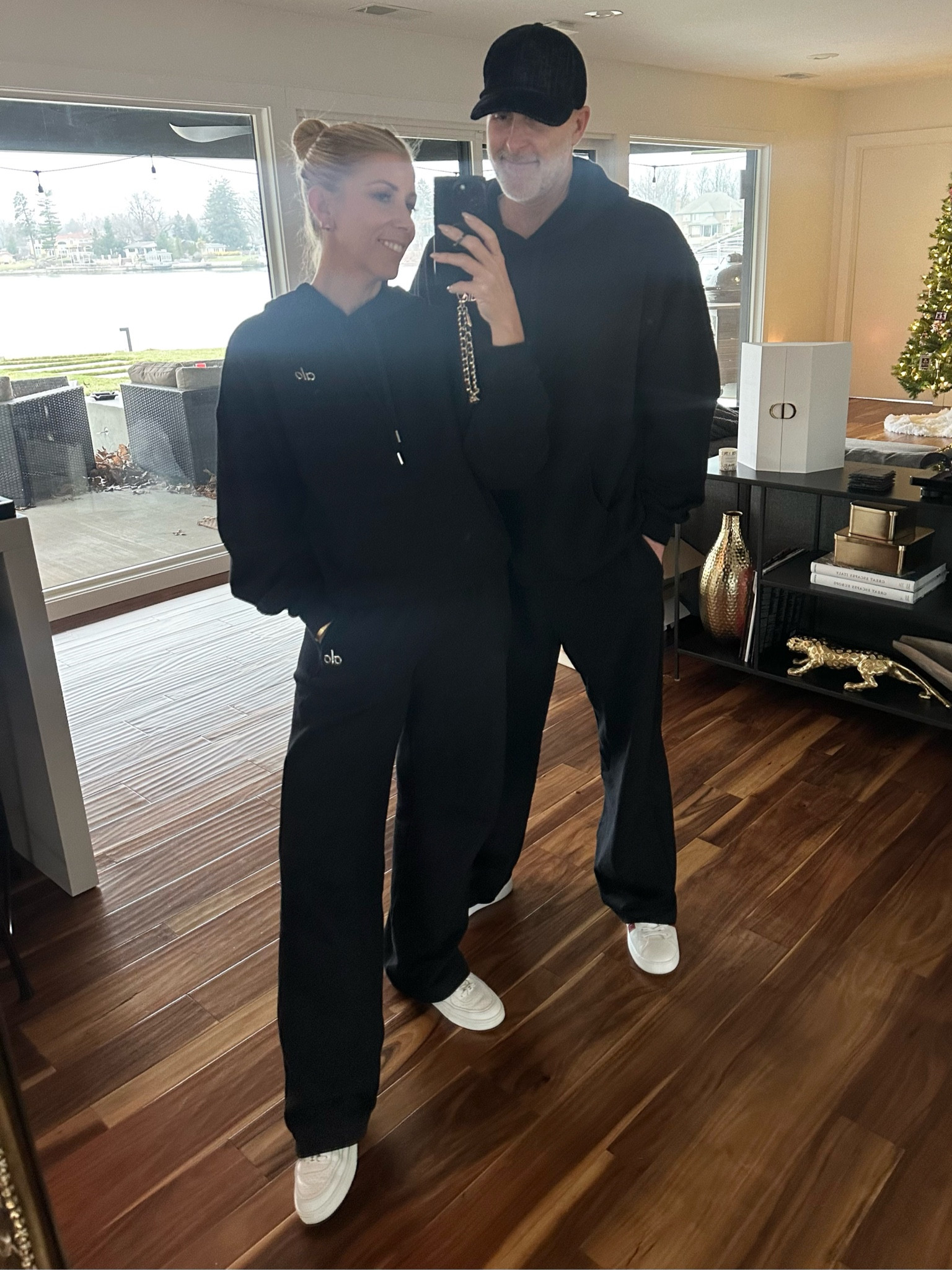 Twinning is winning! Cripe is in a size large top and bottom and I am in a size small top and bottom. Xo