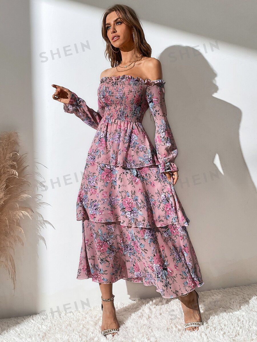 SHEIN Mulvari Allover Floral Print Off The Shoulder Shirred Layered Hem Dress | SHEIN