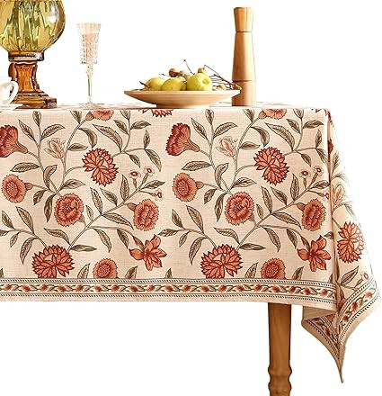 Floral Tablecloth for Square Tables,Linen Table Cloth with Orange Flowers and Green Leaves Patter... | Amazon (US)