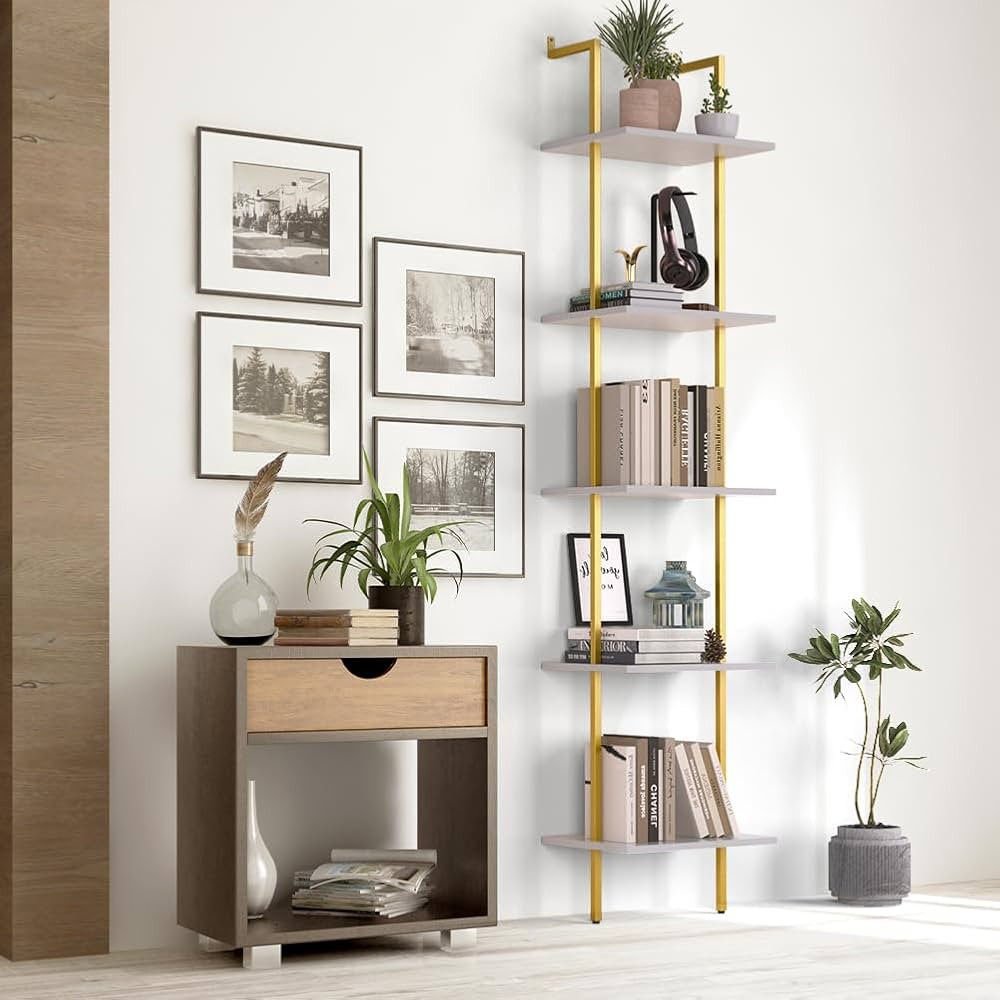 Nidouillet 5 Tier Ladder Shelf, 70-Inch Wall Mounted Bookshelf Metal Frame Storage Rack and Indus... | Amazon (US)