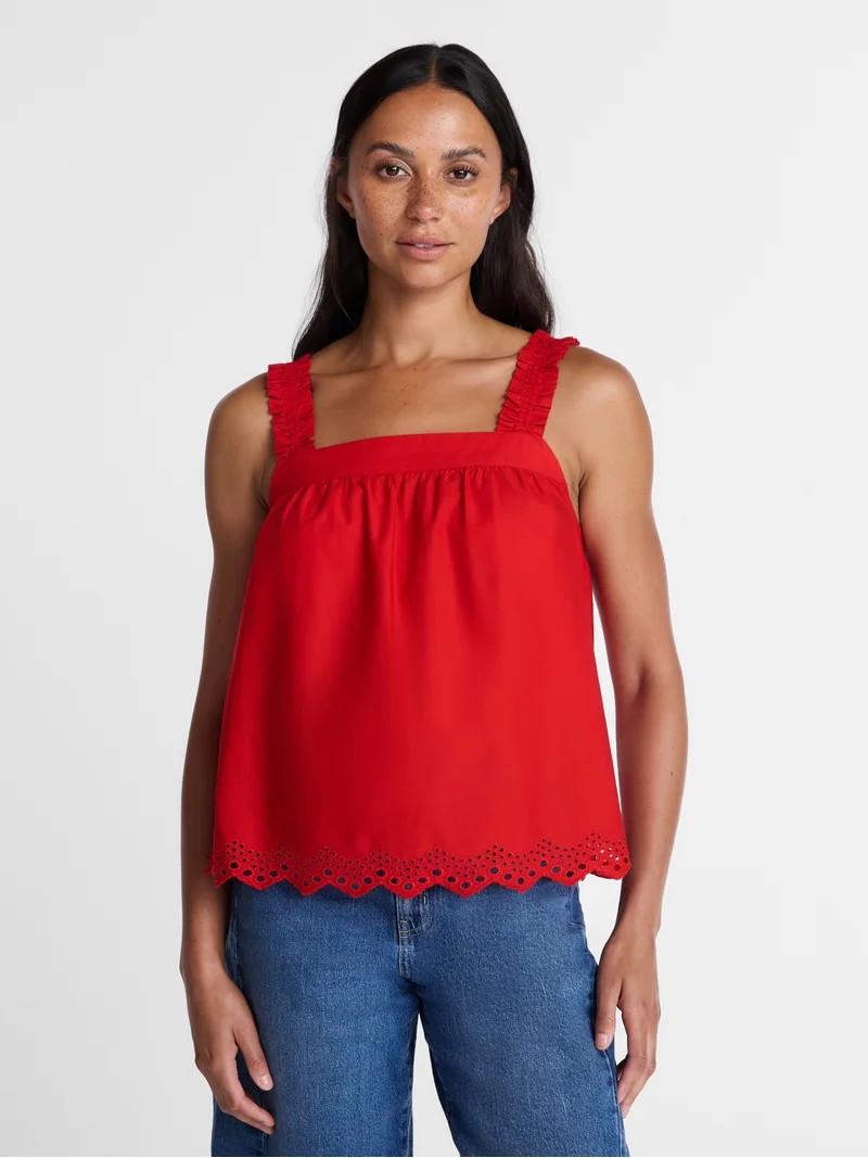 Time and Tru Women’s Eyelet Trim Cotton Tank Top, Sizes XS-XXXL | Walmart (US)