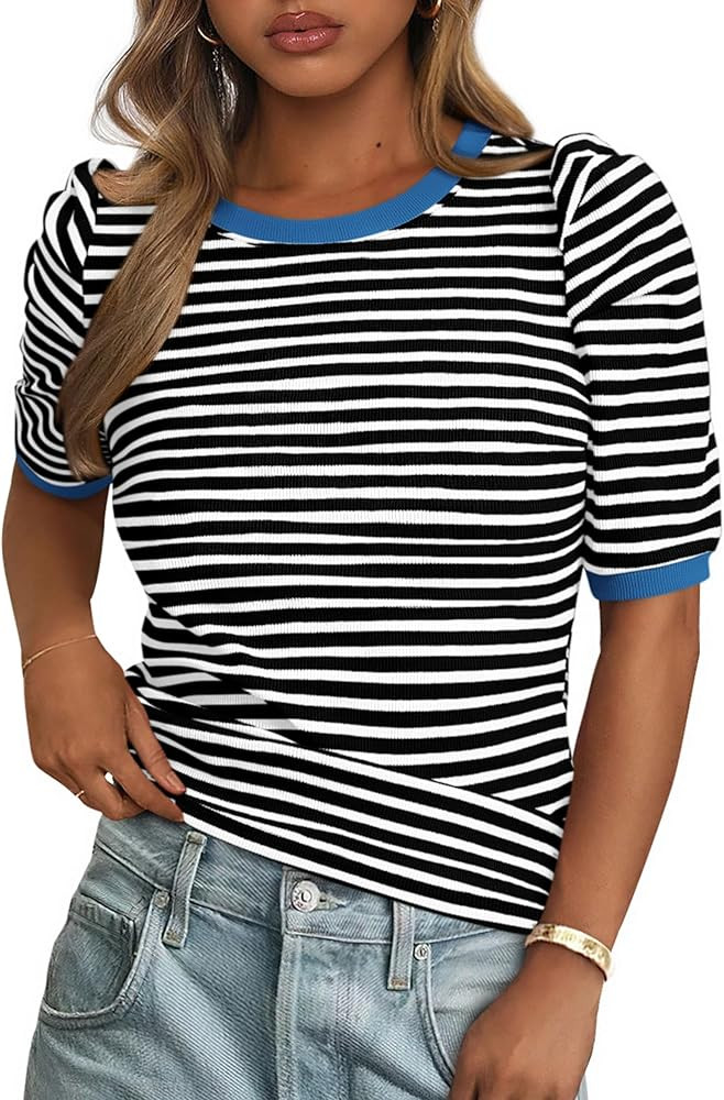 PRETTYGARDEN Womens Puff Short Sleeve Summer Tops 2026 Casual Ribbed Knit Work Basic Tees Crewnec... | Amazon (US)