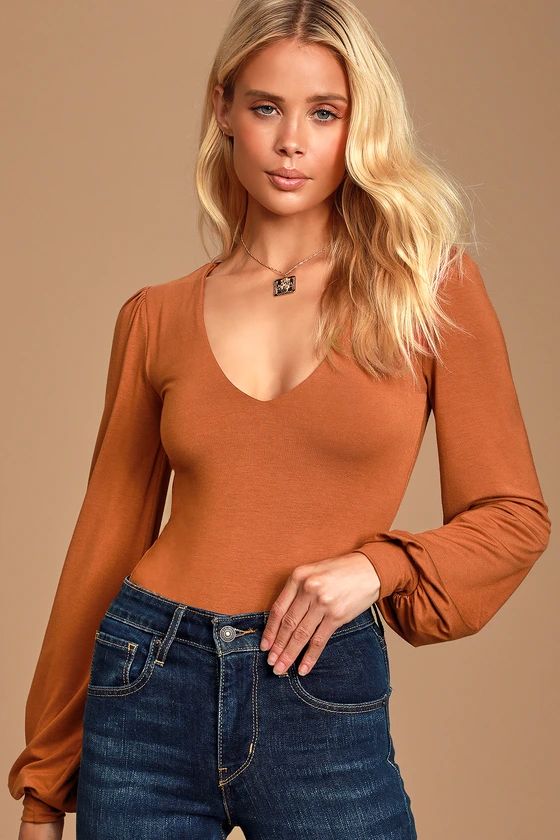 Kaylene Rust Orange V-Neck Balloon Sleeve Bodysuit | Lulus (US)
